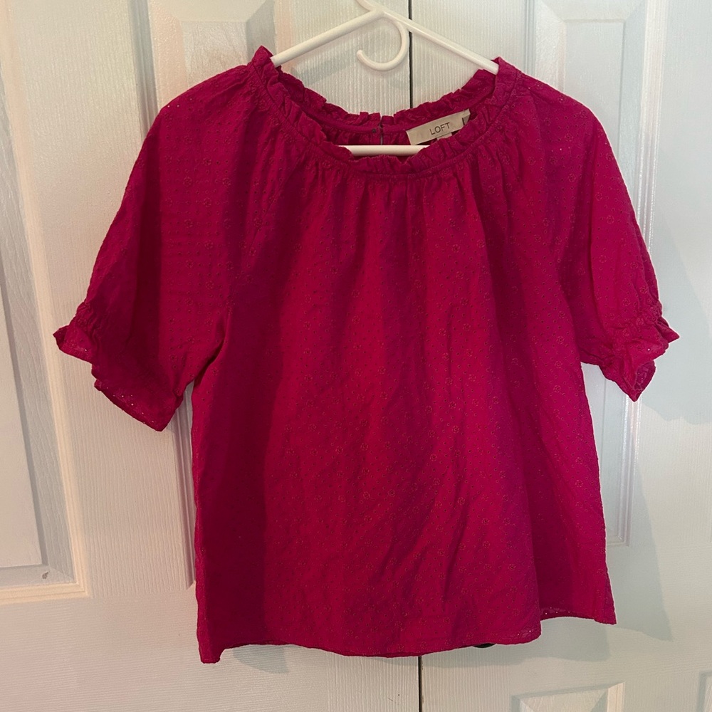 LOFT Shirt Womens Small Pink Eyelet Ruffle Trim Flowy Casual Boho Blouse